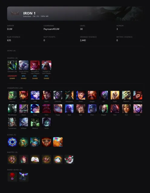 🟡┃👑 DEBONAIR ZED / FROZEN PRINCE MUNDO┃🕗 АВТОВЫДАЧА┃🤍 СМЕНА НИКА┃✅ ПОЧТА┃, Продажа, уровень 38, чемпионы 28, скины 4, Железо