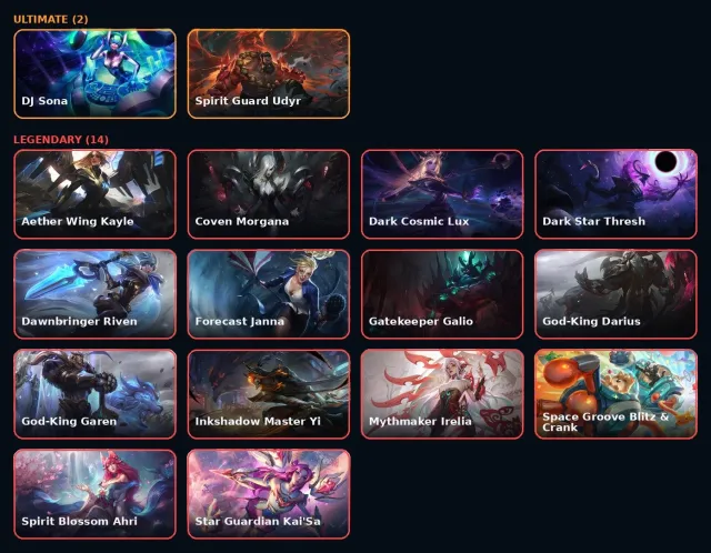 【 DJ Sona / K/DA All Out Seraphine / Spirit Guard Udyr 】【 6 Mythic Skins 】【 15 leg skins 】, Sale, level 637, champions 181, skins 178, Gold