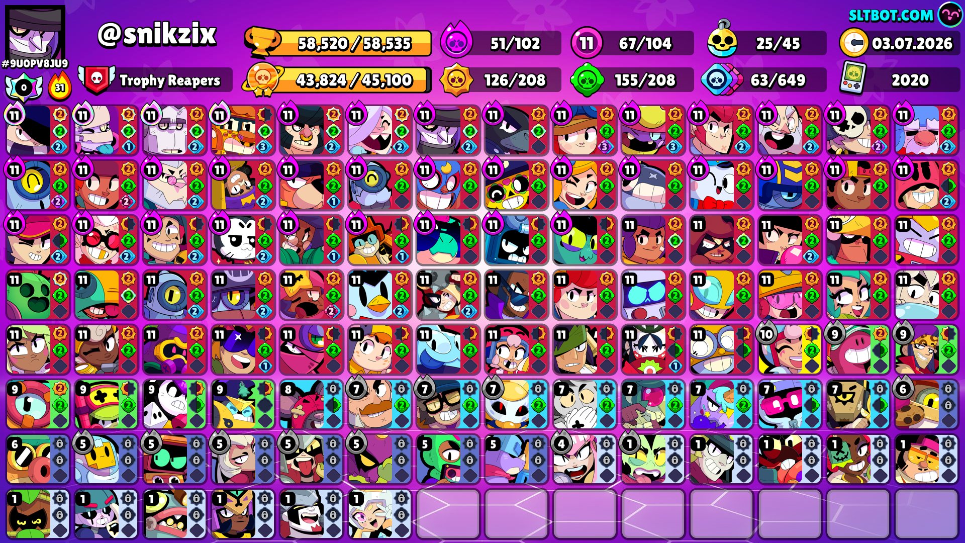 AUTO 🌺7bp+ 2old BP Ly Lola have a 64-11 lvl old ranked skins Byron buzz, trophies 58520, brawlers 103, primes 28