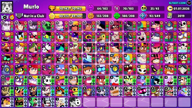 71.7K trophies PL 73.11 26 Baffies Skins: 172💜, 29❤️, 17💛 Many old BPs, trophies 71000, brawlers 104, primes 50