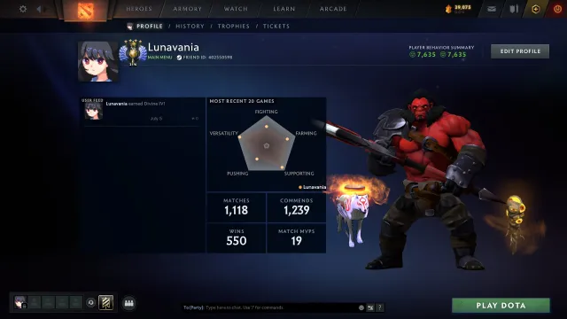 🎮 Divine 🎯 Mainpool 🏆 40 Trophy 🕹️ Matches: 1118 🎫 Tokens: 19, Sale, 5262 MMR, 7635 Behavior score, 7635 вежливости, 1118 games, 1165 hours