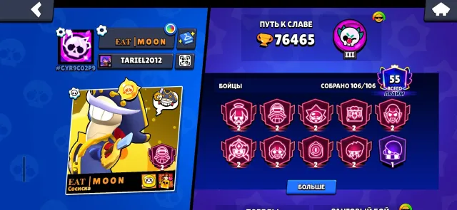 urgent sale of a very fat account and I urgently need money for my mom's operation 😭, 76000 trophies, 106 brawlers, 55 primes