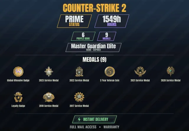 CS2 Prime💎1500h🎯9 medals Medal for Service 2017, Medal for Service 2018, Medal for Service 2020, Sale, With inventory, Has PRIME