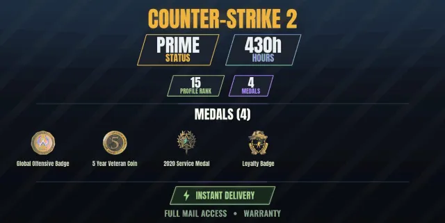CS2 Prime💎430h🎯4 medals Medal for Service 2020, Loyalty Badge, 5 Year Veteran Coin, Global, Sale, Inventory empty, Has PRIME