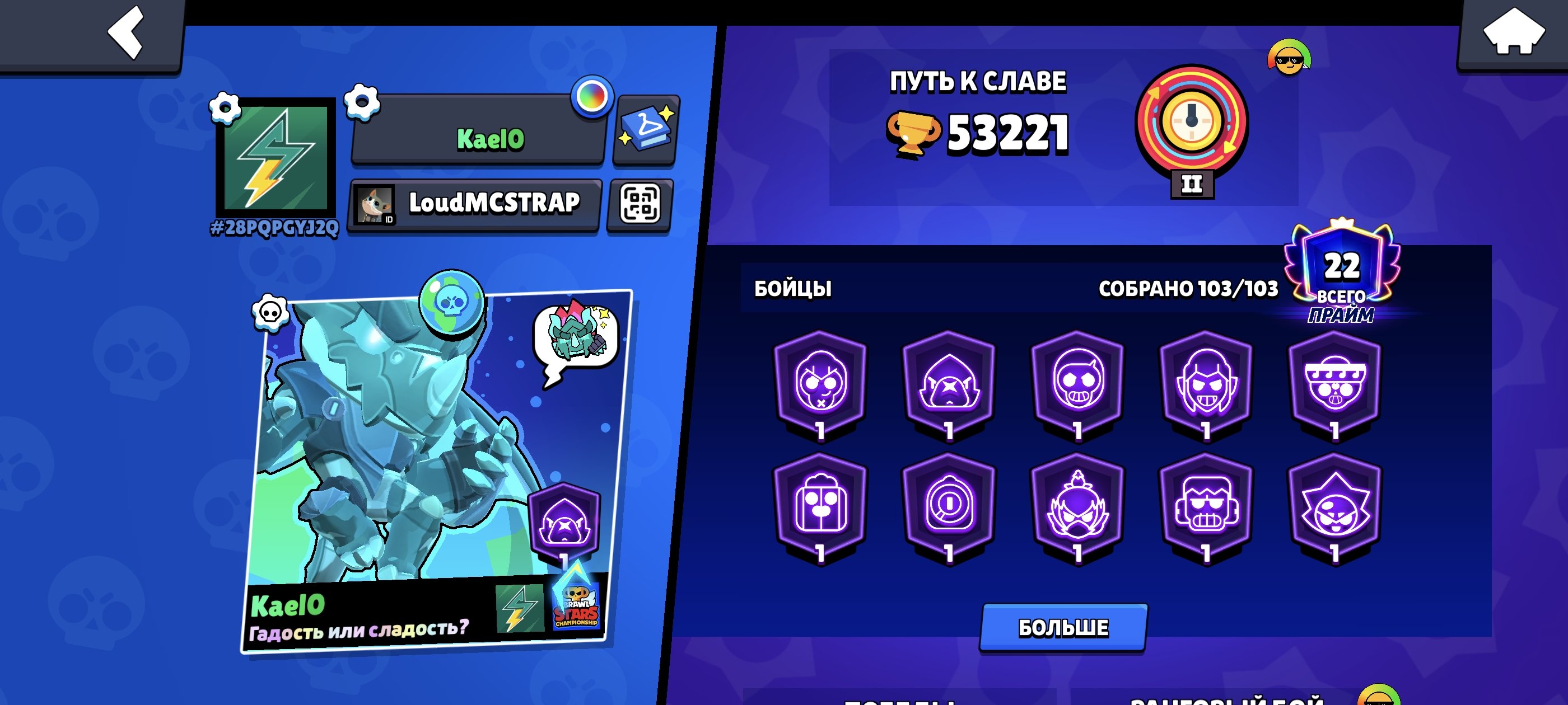 TOP ACCOUNT UNDER THE MAIN, trophies 53000, brawlers 103, primes 22
