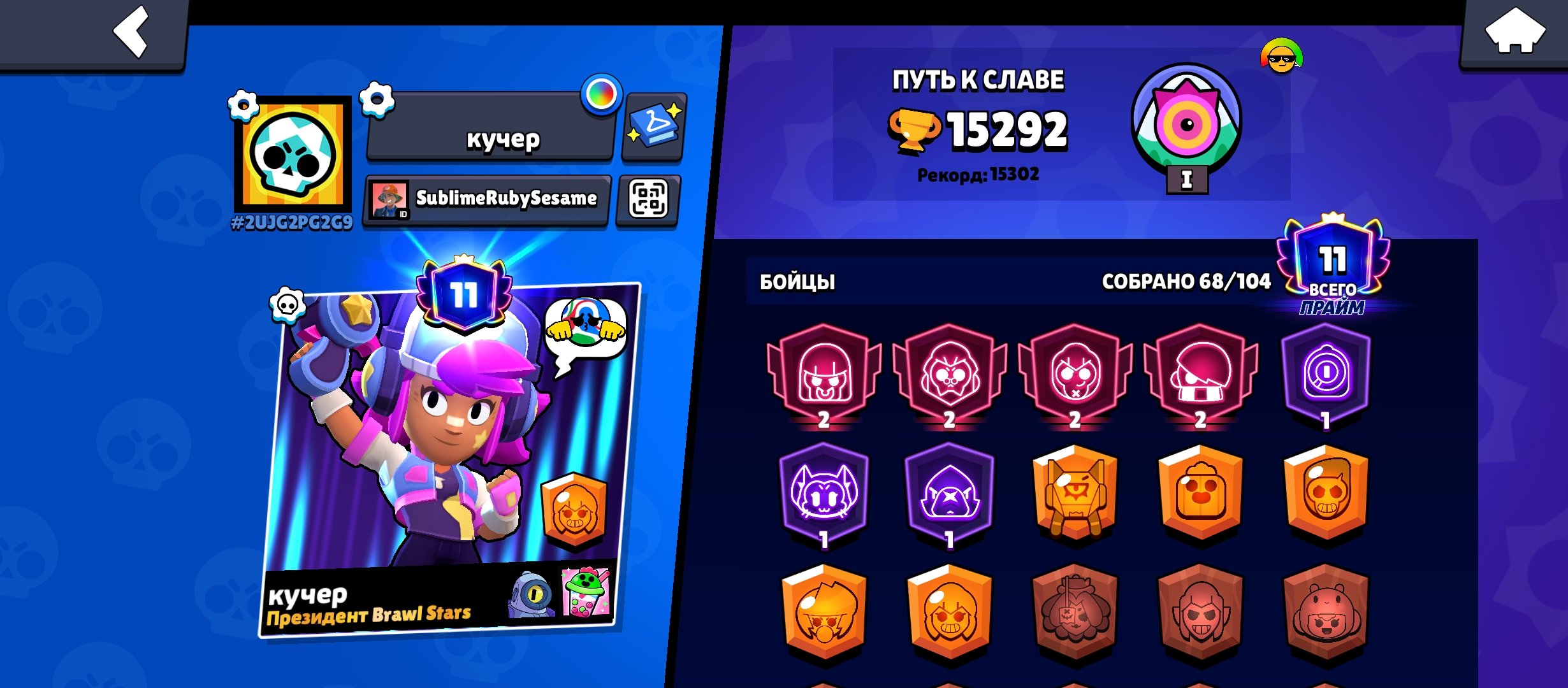 dkdkdkef jdjdf rsjdj djsngjn, trophies 15300, brawlers 68, primes 11