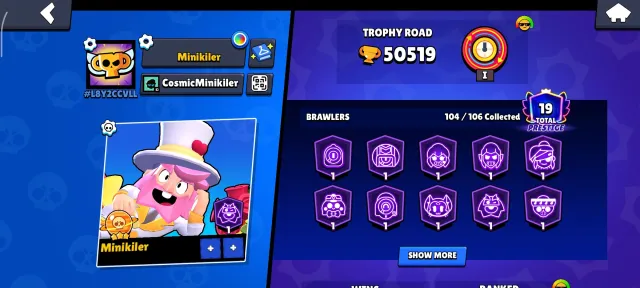 🔥50К🌟105/106🏆42 11 СИЛ☠️19 ПРАЙМОВ👑12 ЛЕГ СКИНА🔮12 МИФ СКИН📅2021 ГОД РЕГ⚔️КАДЗЭ+СИРИУС/209 ГЕМОВ, 50000 кубков, 105 бравлеров, 19 праймов