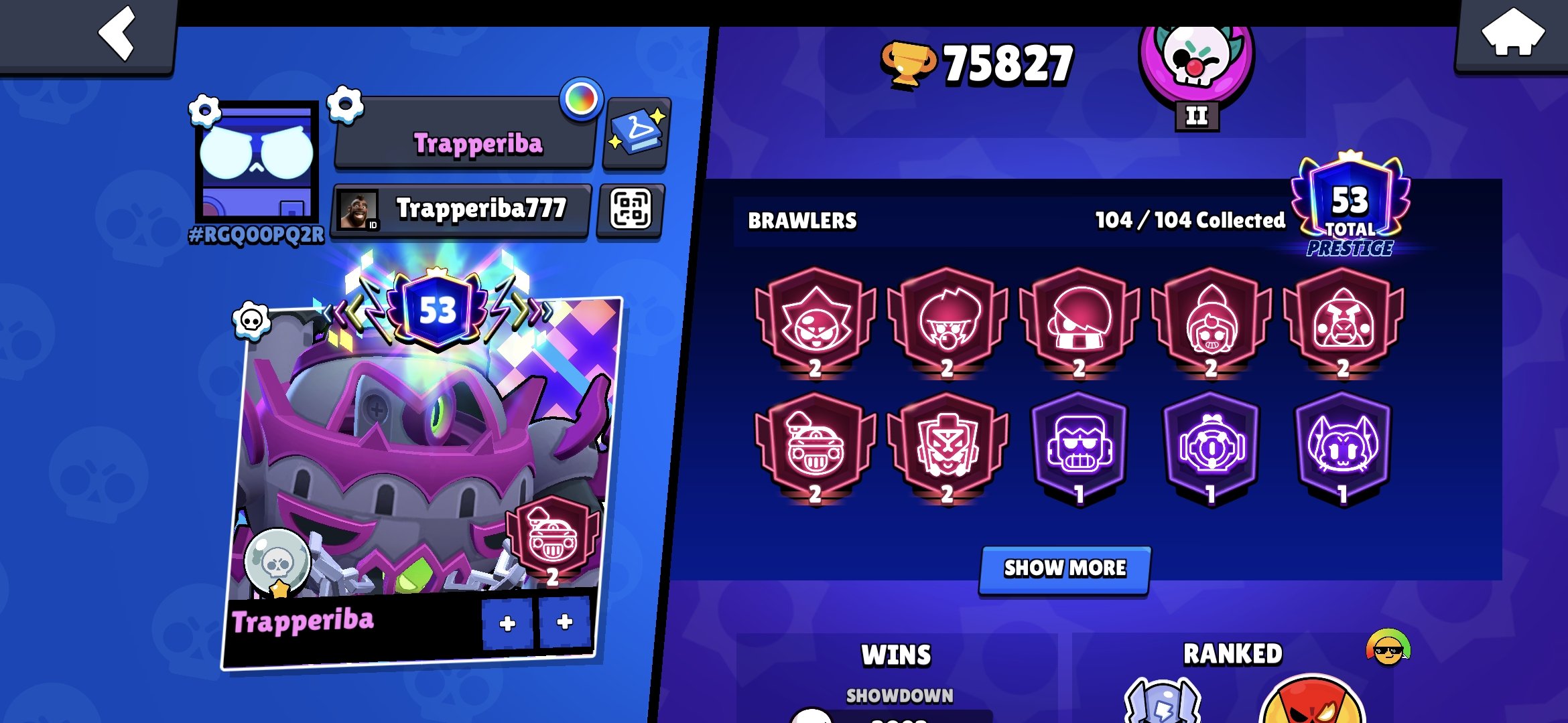 Account brawl stars 2024, trophies 75832, brawlers 104, primes 53