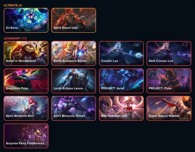 【 DJ Sona / K/DA All Out Seraphine / Spirit Guard Udyr 】【 13 Legendary skins 】, Sale, level 236, champions 172, skins 146, Silver