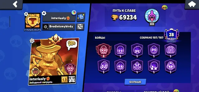 69k 107 11 levels, many skins + Clash Royale account 10500 with 15-16 spellbait, 69000 trophies, 107 brawlers, 28 primes