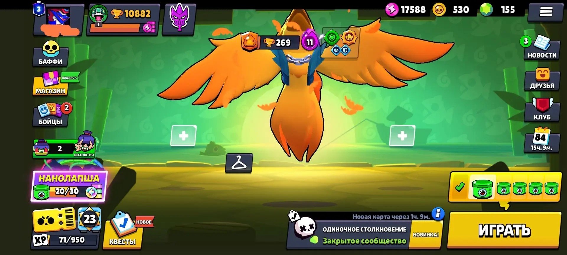 🔹【🌟11 LEGENDS SKINS🌟】🔹【🔥AMBER FROM THE VOID🔥】🔹【⚡MECHA TIC⚡】🔹【🐳MAKE🐳】, trophies 10882, brawlers 74, primes 3
