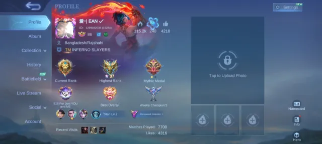 🔥74k points🔥Claude (Prime)🔥Lesley (Star)🔥Zilong (Lucky Box)🔥, Sale, Rank: Mythical Glory, Level: 116, Win Rate: 47%, Heroes: 133, Skins: 292