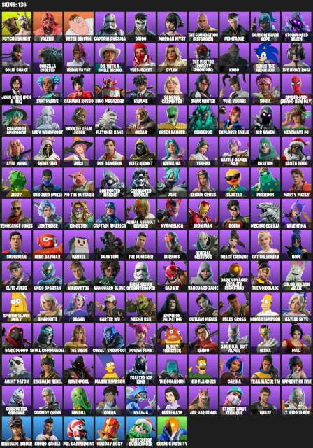 👑 PSYCHO BANDIT 👑+ RENEGADE RAIDER + SABRINA CARPENTER👑 + SOLID SNAKE💥 + SPIDER-MAN 🏆 | 136 SKINS💥🎯, Satış, skinler 138