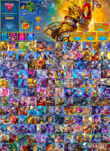 💎 Exalted 5 🏆 Aldous M1 🎀 Claude 🎯 Granger Prime 🌟 Vale Golden Star 🥊 Karina KOF, Продажа, Ранг: Мифический Бессмертный, Уровень: 115, Процент побед: 55%, Герои: 133, Облики: 327