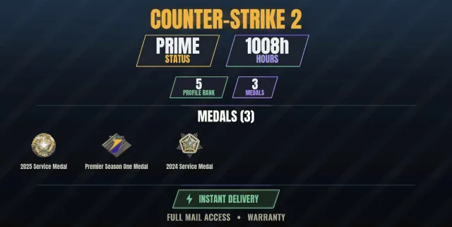 【1 game】【CS2 Prime🏆1000h🎮3 medals】 Service Medal 2024, Service Medal 2025, Premier Medal, Sale, Inventory empty, Has PRIME