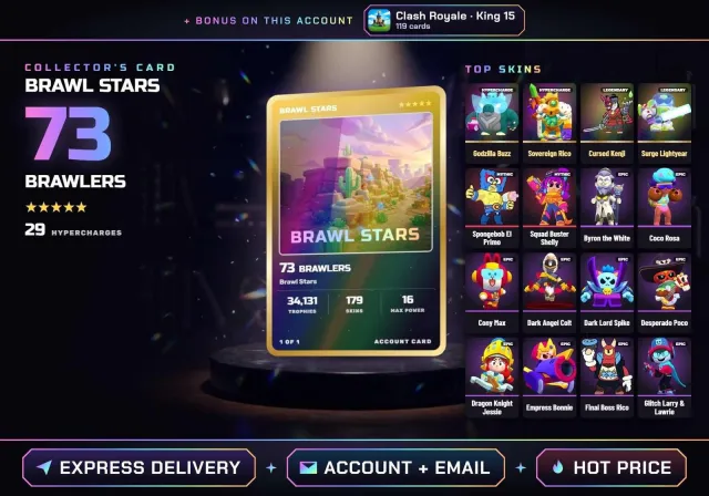 👑 ANDROID • IOS ◆ 73 BRAWLERS • 34,131 TROPHIES • 179 SKINS • 16 MAXED OUT ◆ Godzilla Buzz, Monarch Rico, 34131 trophies, 73 brawlers