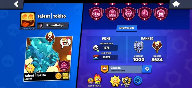 High-value account with 65 skins and 11 Power Level 11 brawlers (video included), trophies 115400, brawlers 104, primes 99