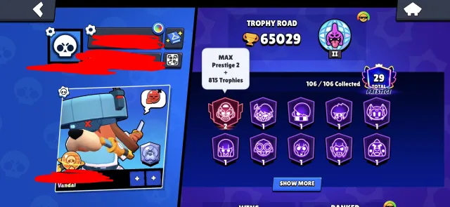 🏆65000🏆⚔️42x11 POWER⚔️ 🪐 SATURN GLORY🪐🛸RONIN GAVS🛸🏯FURIOUS FANG🏯🔄RELINK🔄, 65000 trophies, 106 brawlers
