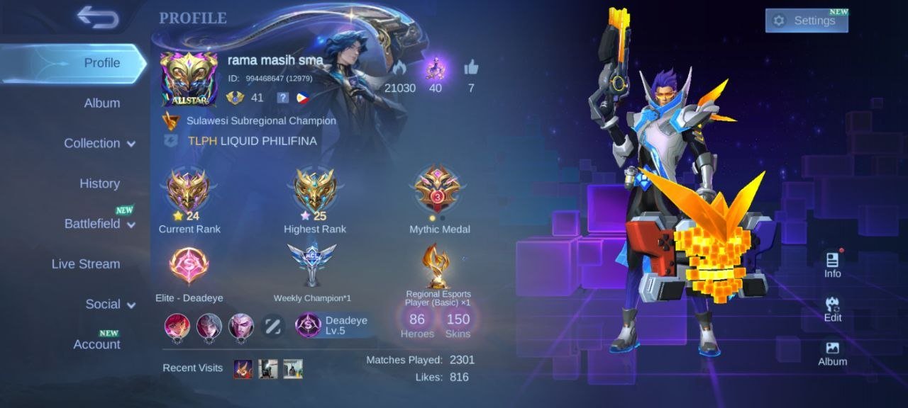 collector Granger KOF Karina EPIC Selena Valir Roger M3 Roger Gaara Vale, Sale, Rank: Mythic, Level: 41, Winrate: 51%, Heroes: 86, Skins: 150