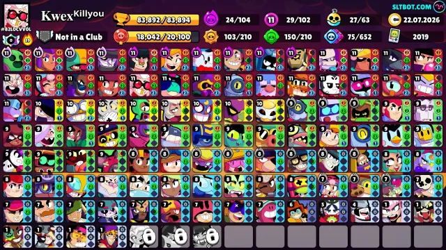 83892🏆🌟102/104👤29 HYPER29-11STRENGTH🪙240 SKINOB🎎💮27 BUFFS, trophies 83892, brawlers 102, primes 58