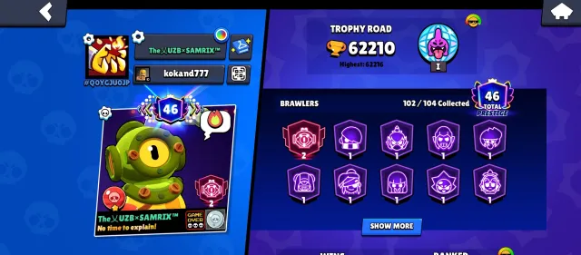 🏆𝟲𝟮𝐊🏆【MECHA COLT/MORTIS】👤1O2/1O4👤𝟮𝟬𝟬 SKINS💎❰💎𝟭𝟲𝟬 GEMS💎❱📹VIDEO REVIEW📹, trophies 62000, brawlers 102, primes 46