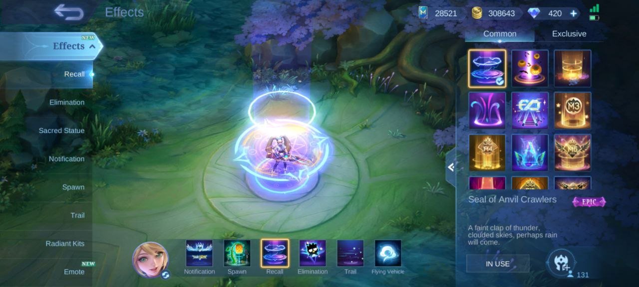 >EPIC recall>230 skins>EPIC Karrie, Moskov, YSS, Roger, and Gaara>Hero emblem max>420 diamonds
