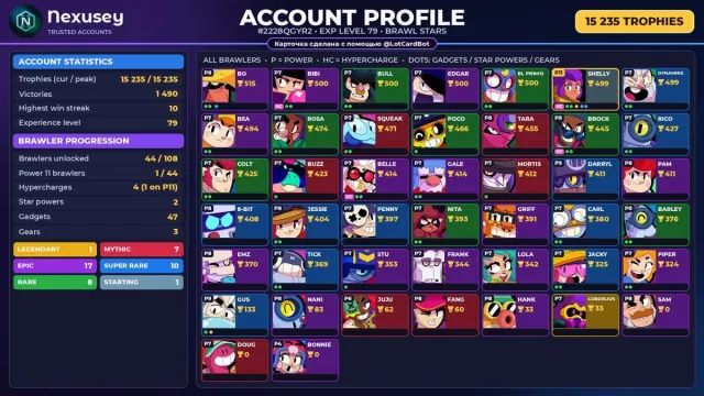 🚀 ⟦ BRAWL STARS ⟧ 15 235 КУБКОВ ✦ 44 БОЙЦОВ ✦ 1 ЛЕГ.: Cordelius ✦ ПОЛНЫЙ ДОСТУП ✨ #44V33X, 15235 кубков, 44 бравлеров