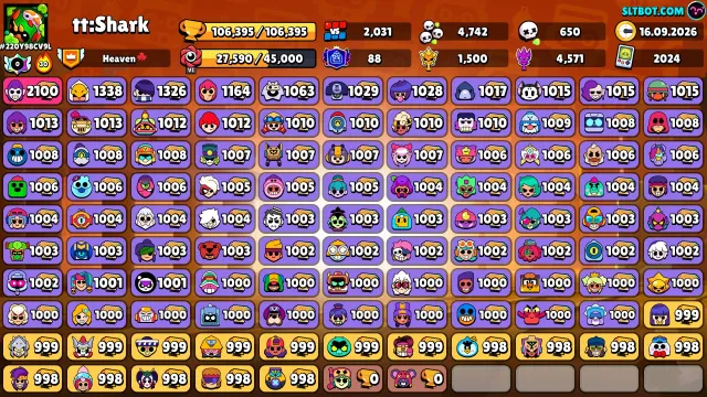 🏆106K🏆⭐️88PRIMES🟡67K Coins🟡💎310 Crystals💎✨36K BLINGS, 106395 trophies, 106 brawlers, 88 primes