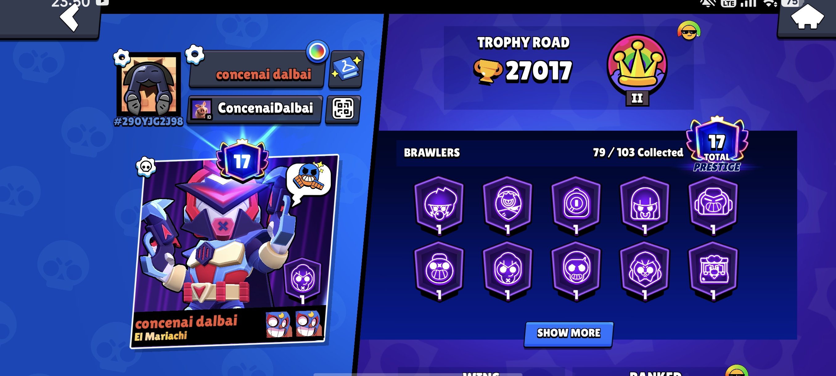 Account with skins on brawlers 17000+ gems, trophies 27017, brawlers 79, primes 17