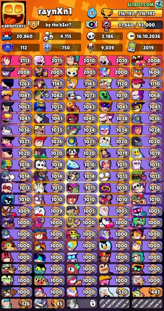 Selling an old Brawl Stars account from 2019, rare skins!, 116200 trophies, 107 brawlers, 112 primes