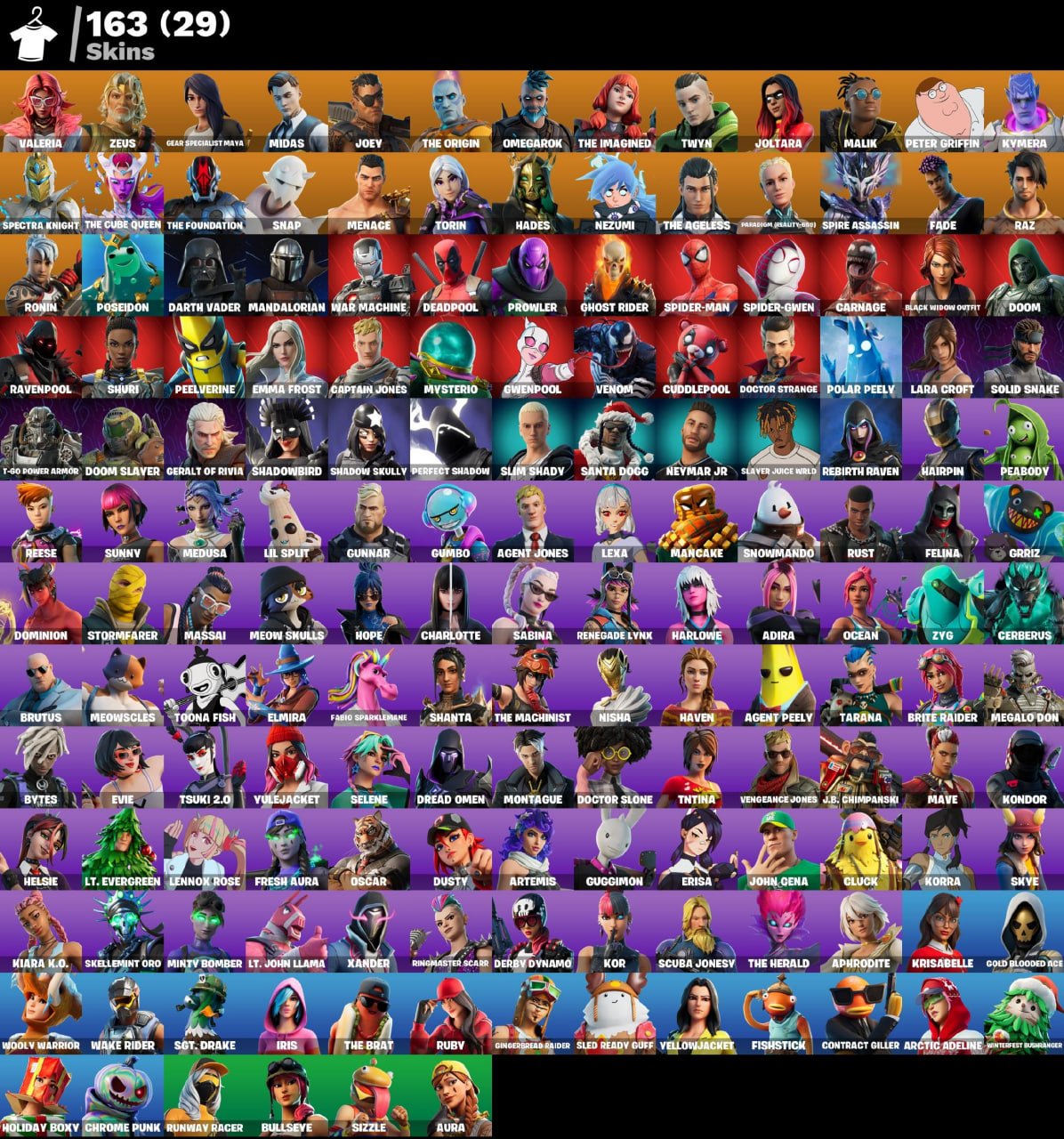 🎮 Level 3953 💰 0 V-bucks 👕 163 skins Valeria | Zeus | Gear Specialist Maya | Midas | Joey, Sale, skins 163