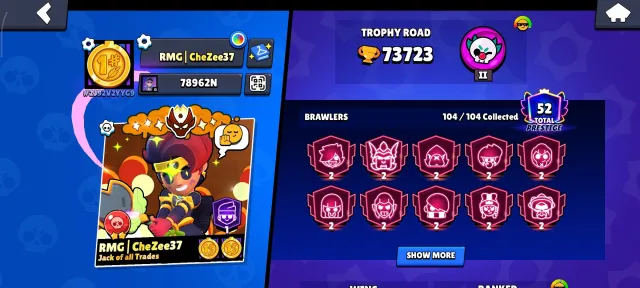 Wery good account, 6 masters, 9250 elo record, trophies 73700, brawlers 104, primes 52