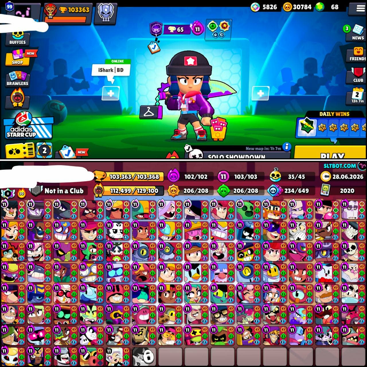 BS# 12➤103/103 Brawlers🌵 102 Max⚡ 103 Hypercharges🔥 35/45 Buffie🎖️ 103K Trophies🏆 234 Skins🎭, trophies 103363, brawlers 103, primes 103
