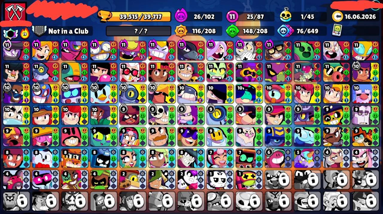 🗯📌39,515🏆🌟87/103👤26 HYPER25 11 POWER🪙173 SKIN ~ 14,647 GEMS💠6 TITLES💮1 BUFF🌀🔰〔CHANGE NICK 60〕🔰, trophies 39515, brawlers 87, primes 3