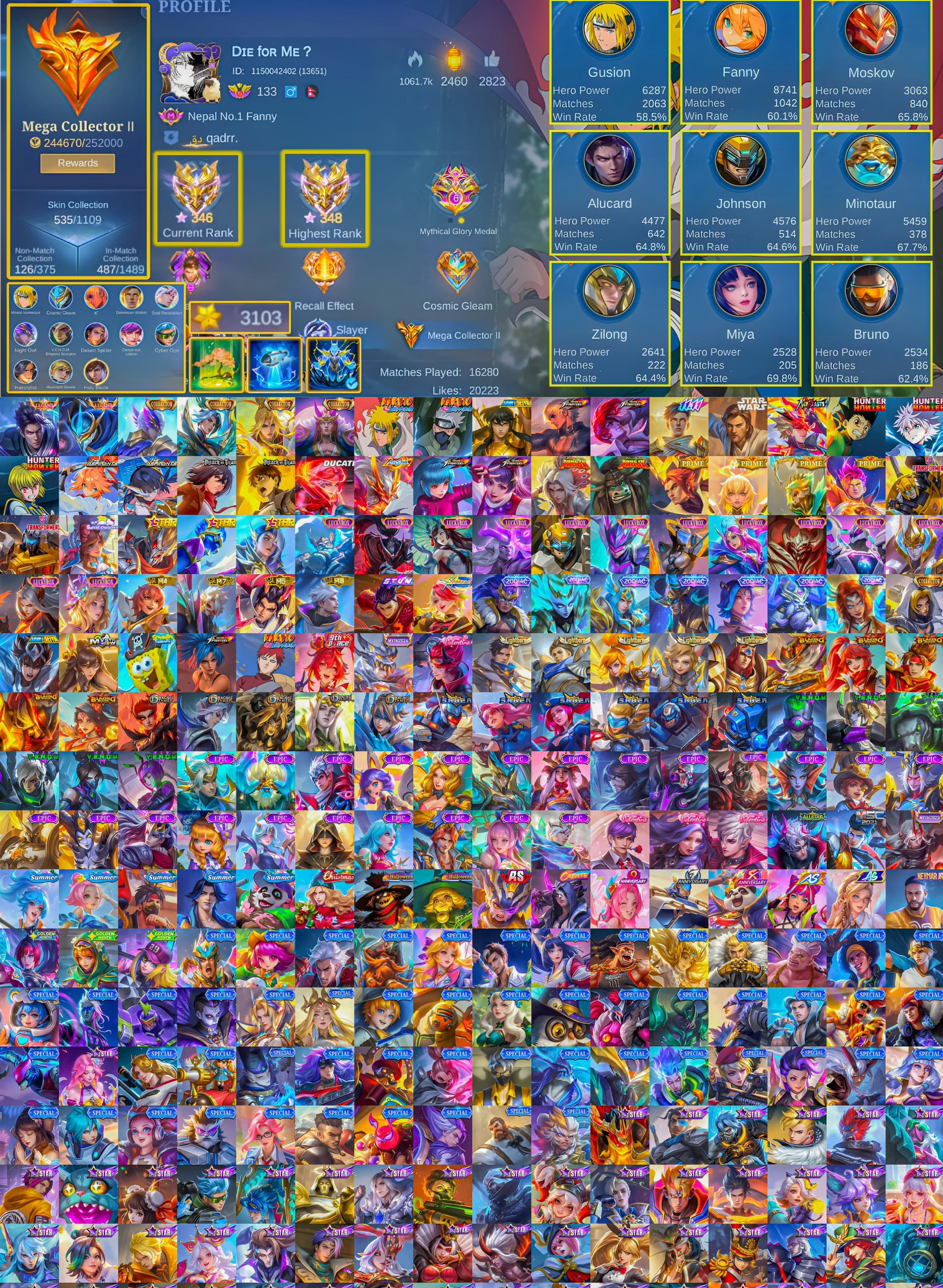 🔥Full Set for Gusion🔥 Hunter Harith-Dyrroth-Julian, Kung Fu Ling, Aspirants Fanny-Ruby🔥, Sale, Rank: Epic, Level: 163, Winrate: 57%, Heroes: 132, Skins: 535