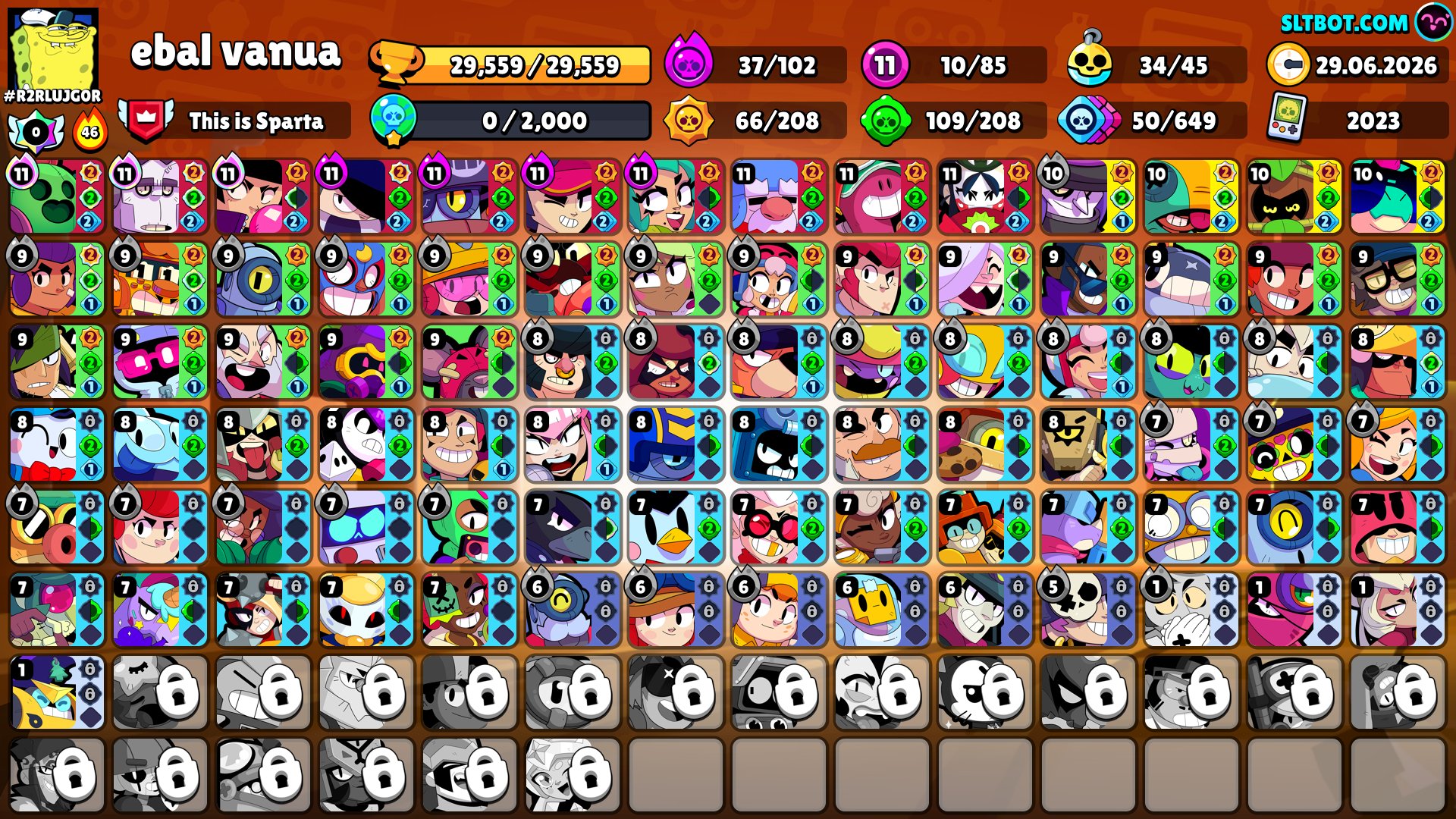 ⚛️ 10 11 POWERS⚛️ 🔮230 SKINS🔮🔴KADZE AND SIRIUS🔴🎫10 BP SKINS🎫🔮11 TITLES🔮🏰10 PRIMES🏰🔥🔥, trophies 29559, brawlers 85, primes 10