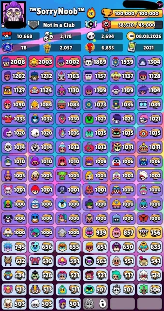 🎅📌100,000🏆🌟105/105👤82 ГИПЕР67 11 СИЛ🪙465 СКИНОВ~50К ГЕМОВ🎎77 ТИТУЛОВ💮23 БАФФИ❇️🔰〔СМЕНА НИКА 60〕, 100000 кубков, 105 бравлеров, 78 праймов