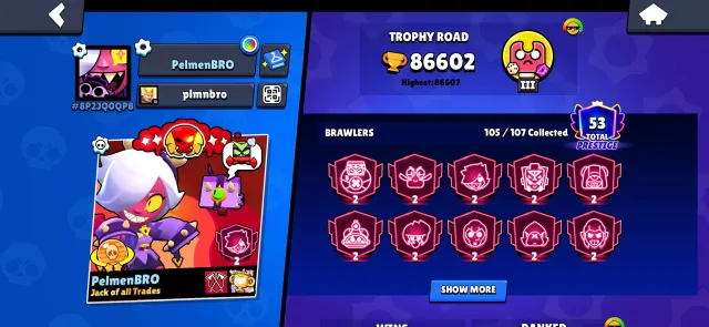 Duelist Colt, Maleficent Colette, Werewolf Leon, Heroine Bibi, 6 OLD BP, 86602 trophies, 105 brawlers, 53 primes
