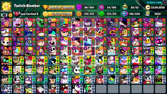 ℹ️📌100,024🏆🌟106/106👤80 HYPER54 11 POWER🪙 367 SKINS 79 TITLES💮30 BUFFS❇️🔰 86 primes, 100024 trophies, 105 brawlers, 86 primes