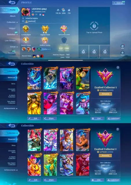 Legend Gusion, Kakashi, Gon, Libra, 11.11, KOF, Aspirants, Prime, Global 🔥, Sale, Rank: Mythic, Level: 107, Winrate: 51%, Heroes: 112, Skins: 346