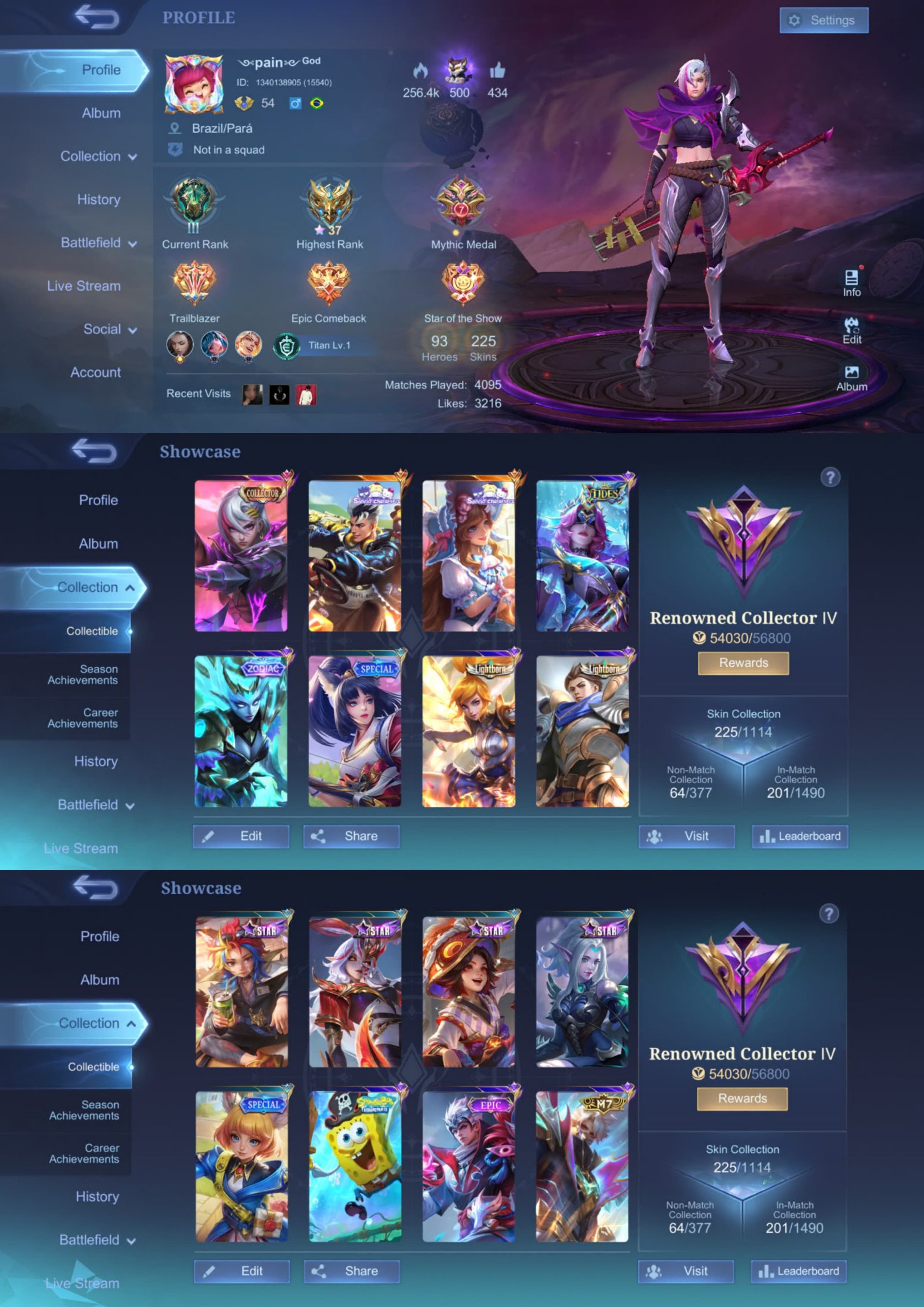 Collector Benedetta, Sanrio Claude, SpongeBob, Zodiac, Global 🔥, Sale, Rank: Mythic, Level: 84, Winrate: 50%, Heroes: 93, Skins: 225