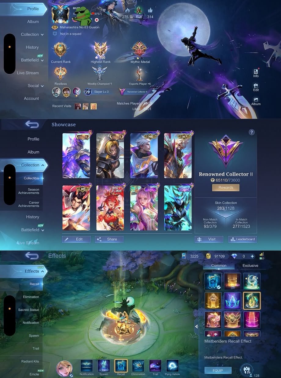 🎭 Gusion Collector  Fanny Skylark \(Pace\) 🏆 Granger M7 🏆 Claude M6 🏆 Yu Zhong M5, Sale, Rank: Mythical Immortal, Level: 98, Winrate: 60%, Heroes: 133, Skins: 283