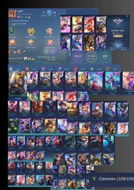 [SEA/GLOBAL] Ex-Glory 50⭐| 191 Skins |Saint Seiya Badang, Naruto Vale | Full Emblem MAX, Sale, Rank: Epic, Level: 91, Winrate: 47%, Heroes: 132, Skins: 191