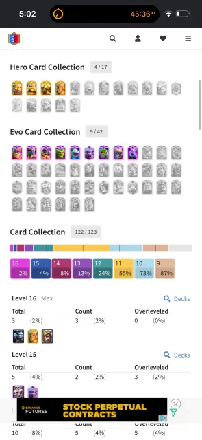 4x hero | 3x lvl-16 maxed | 9x evo | 10k trophy, 25 арена, 51 уровень, 10000 кубков, 122 карт, Есть