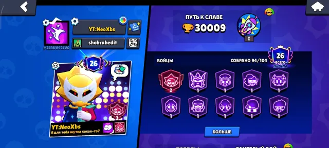 Well-developed Brawl Stars account with 30 Power 11 Brawlers, 86 Epic Skins, trophies 30000, brawlers 94, primes 26
