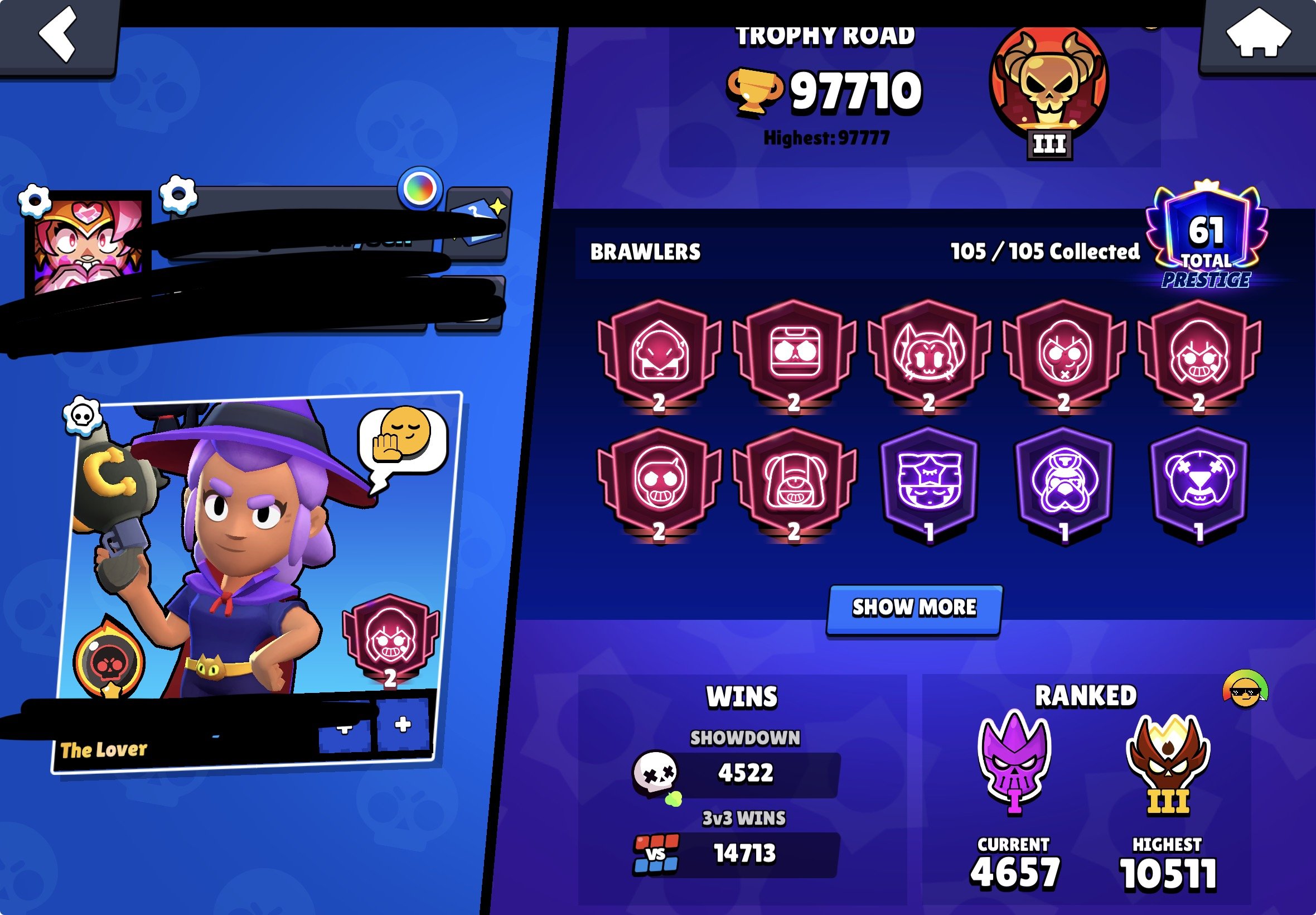 Master 3 account 97k, trophies 97000, brawlers 105