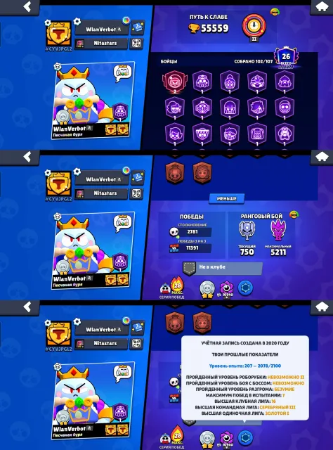🏆55000🏆👑KING LU👑🎸REBELLIOUS LOLA🎸🦴CALAVERA PIPE🦴🥷NINJA TARA🥷⚔️49-11LVL⚔️🎫2-OLD BP🎫, 55559 trophies, 102 brawlers, 26 primes