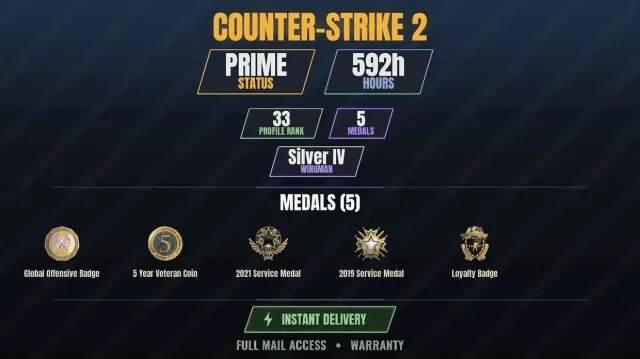 【CS2 Prime💠592h💎5 medals】 Service Medal 2019, Service Medal 2021, Loyalty Badge, Coin, Sale, With inventory, Has PRIME