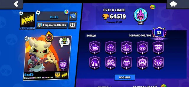 Many skins, almost all fighters level 11, 64500 trophies, 106 brawlers, 32 primes
