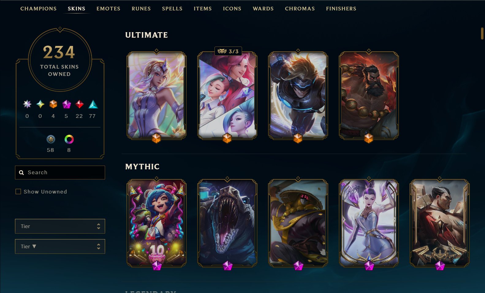 💎 LoL | 234 skins | PAX JAX🔥 + NEO PAX JAX | 5 Mythic✨ | 4 Ult👑 | 22 Leg⭐ | 170 champ, Sale, level 230, champions 170, skins 234, Silver